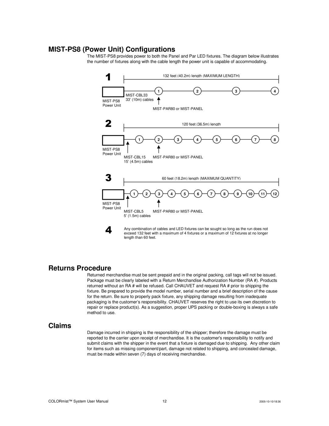 Chauvet MIST-PAR80, MIST-CON, MIST-PANEL user manual MIST-PS8 Power Unit Configurations, Returns Procedure, Claims 