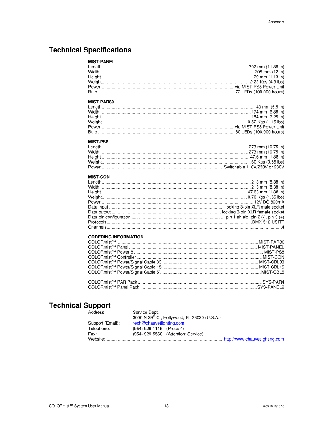 Chauvet MIST-PS8, MIST-PAR80, MIST-CON, MIST-PANEL user manual Technical Specifications, Technical Support 