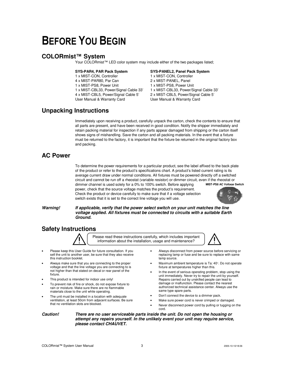 Chauvet MIST-PANEL, MIST-PAR80 Before YOU Begin, COLORmist System, Unpacking Instructions, AC Power, Safety Instructions 