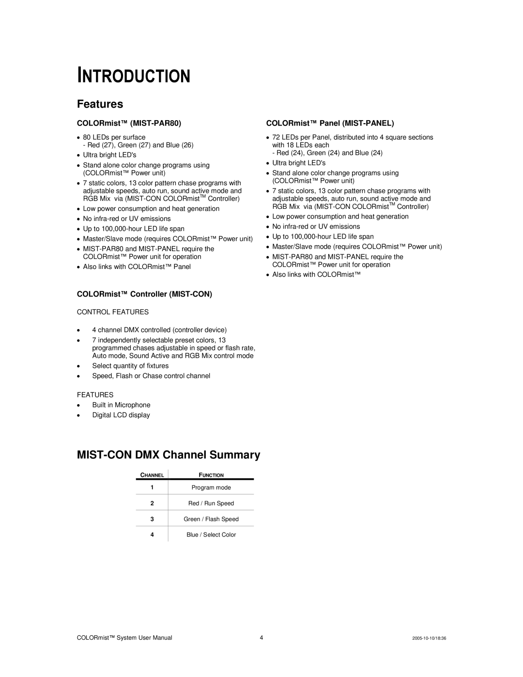 Chauvet MIST-PAR80, MIST-PS8, MIST-PANEL user manual Introduction, Features, MIST-CON DMX Channel Summary 