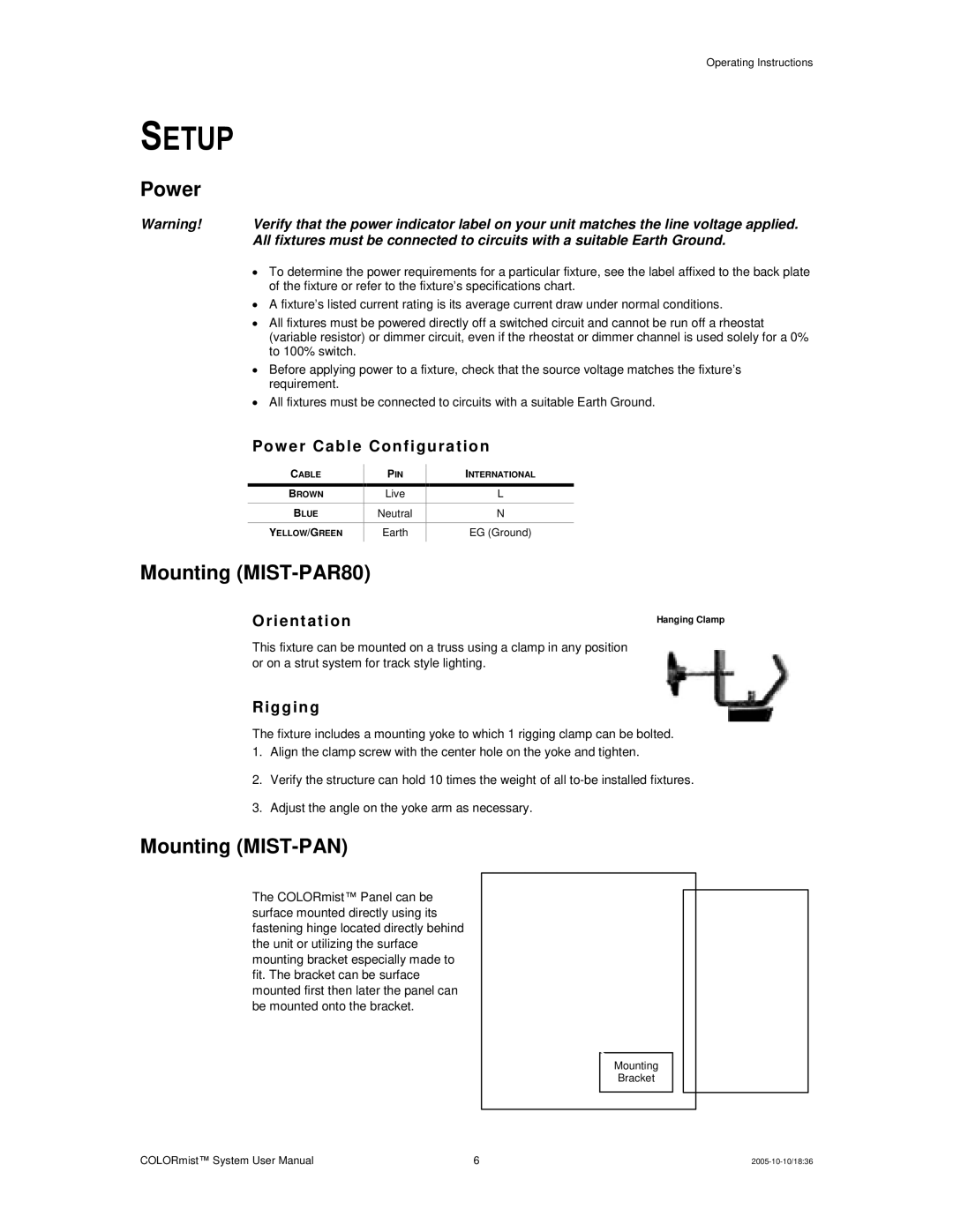 Chauvet MIST-CON, MIST-PS8, MIST-PANEL user manual Setup, Power, Mounting MIST-PAR80, Mounting MIST-PAN 