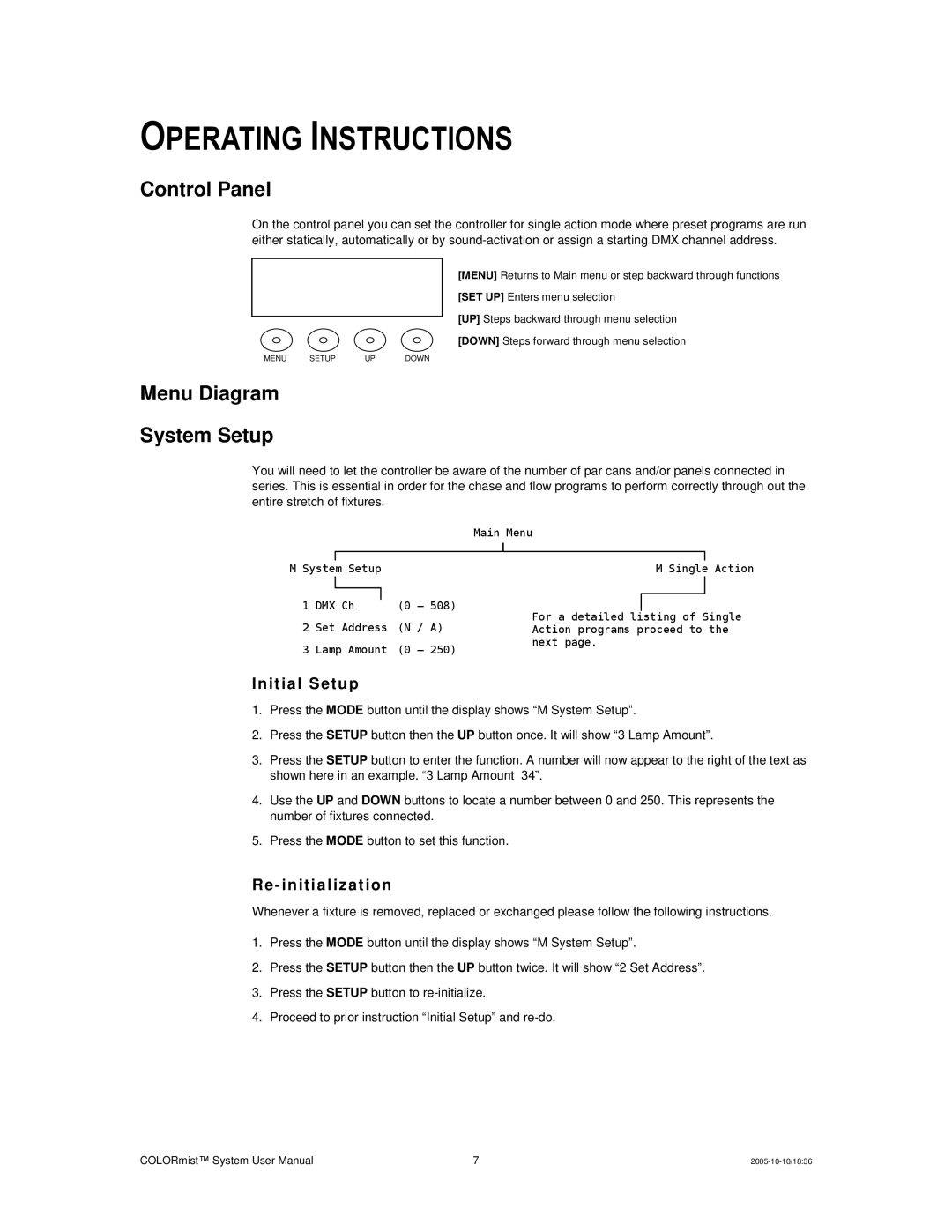 Chauvet MIST-PANEL Operating Instructions, Control Panel, Menu Diagram System Setup, Init ial Setu p, Re in iti al ization 