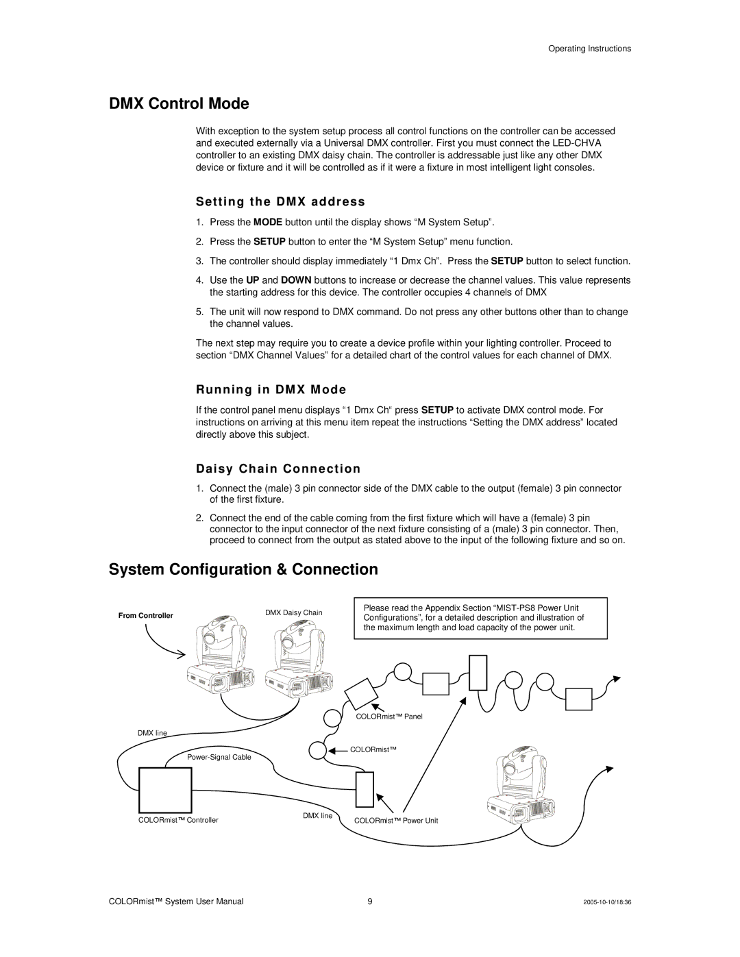 Chauvet MIST-PS8 DMX Control Mode, System Configuration & Connection, Setti ng t he DM X ad dress, Runn ing in DM X M ode 