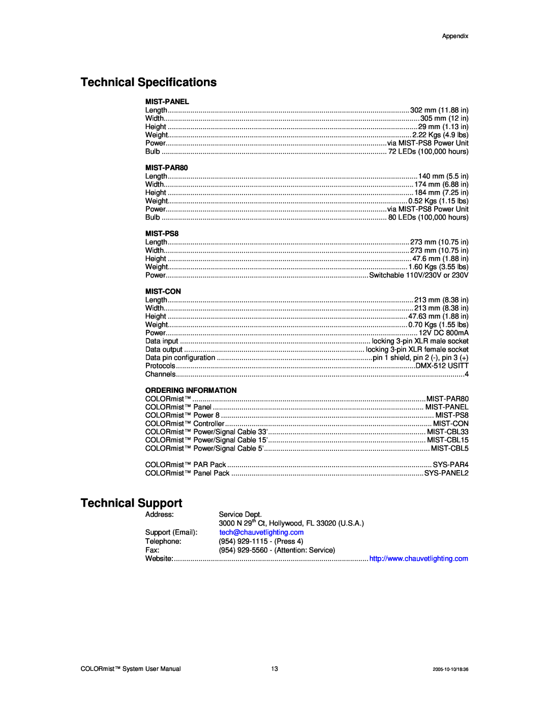 Chauvet MIST-PS8 Technical Specifications, Technical Support, Mist-Panel, MIST-PAR80, Mist-Con, Ordering Information 