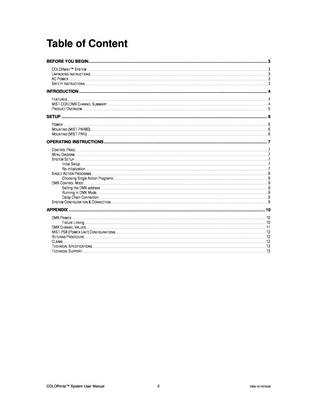 Chauvet MIST-CON, MIST-PAR80 Table of Content, Before You Begin, Introduction, Setup, Operating Instructions, Appendix 