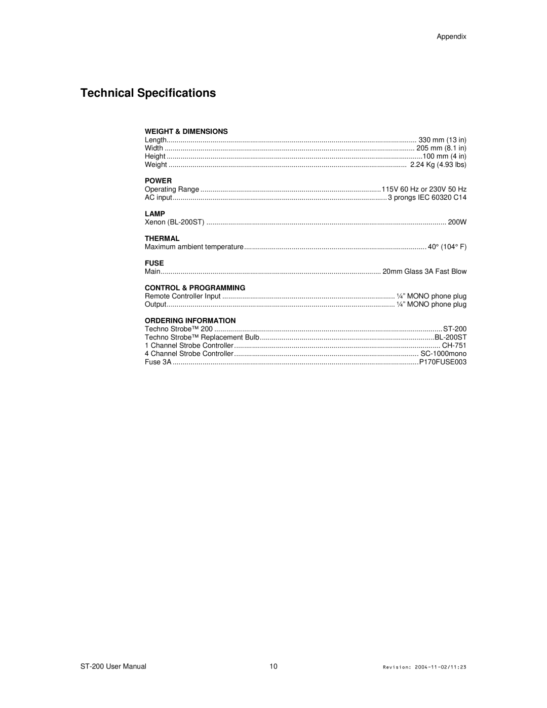 Chauvet Model ST-200 user manual Technical Specifications, Ordering Information 