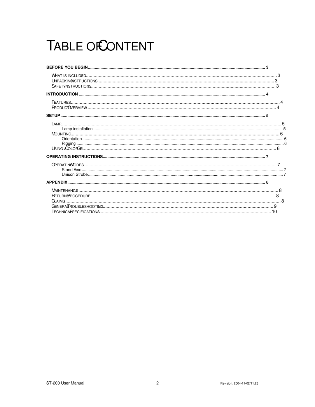 Chauvet Model ST-200 user manual Table of Content 