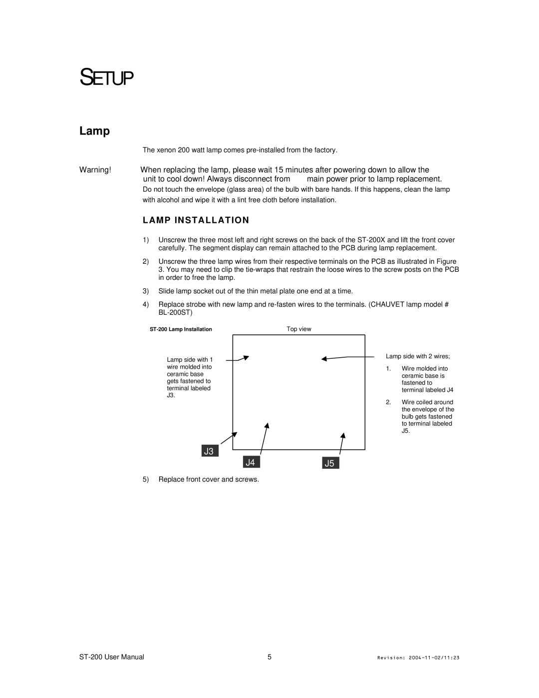 Chauvet Model ST-200 user manual Setup, Lamp Installation 