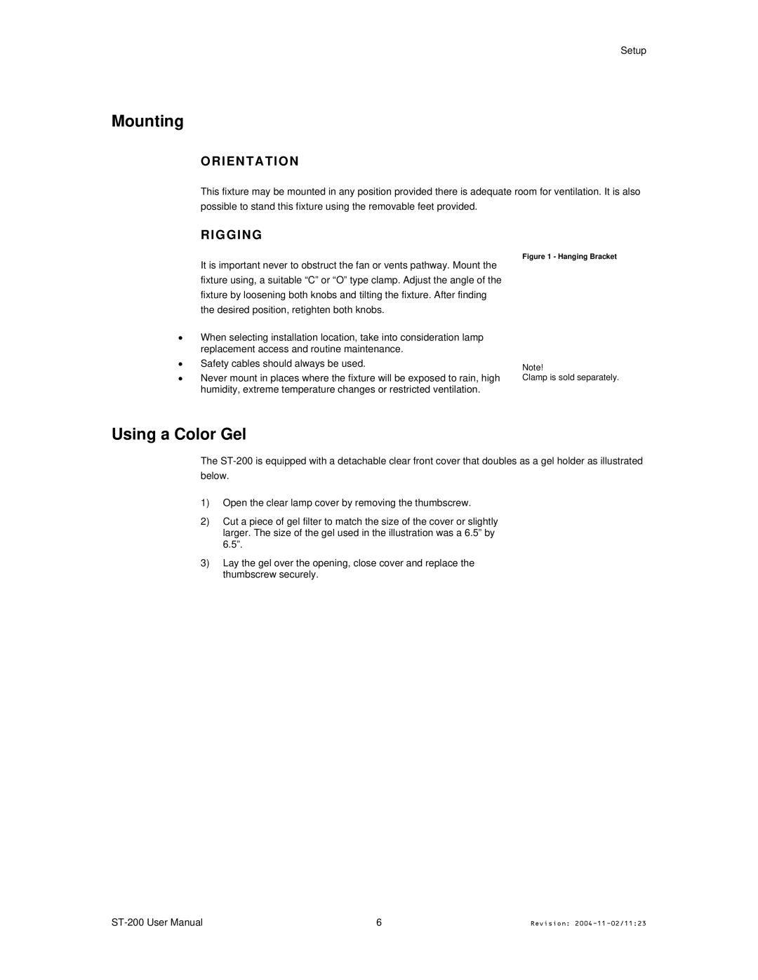 Chauvet Model ST-200 user manual Mounting, Using a Color Gel, Orientation, Rigging 