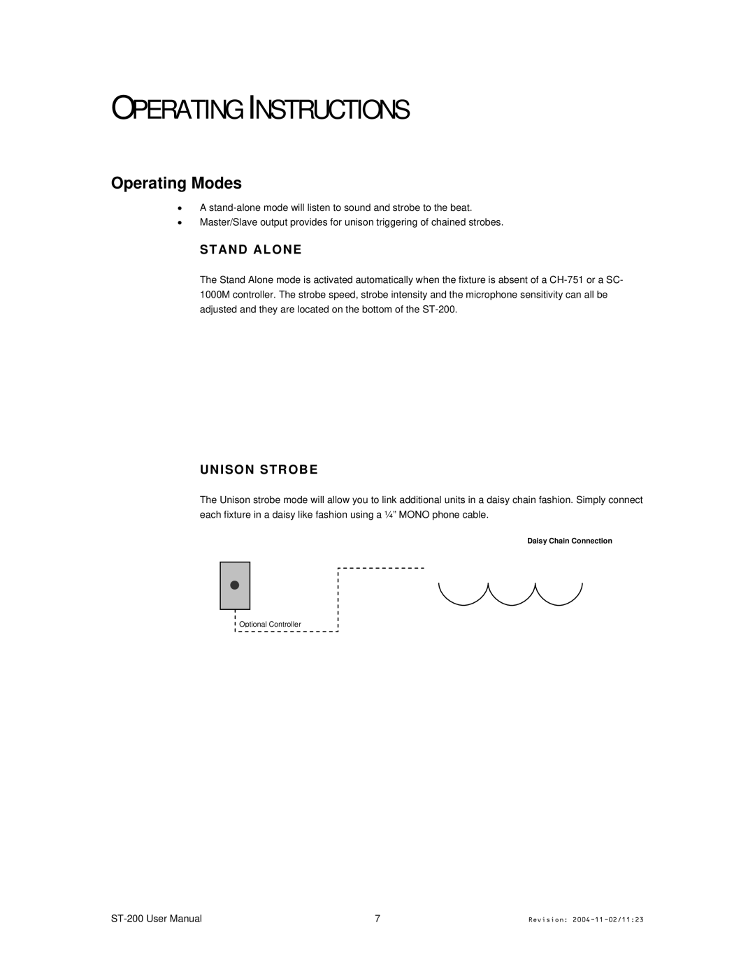 Chauvet Model ST-200 user manual Operating Instructions, Operating Modes, Stand Alone, Unison Strobe 