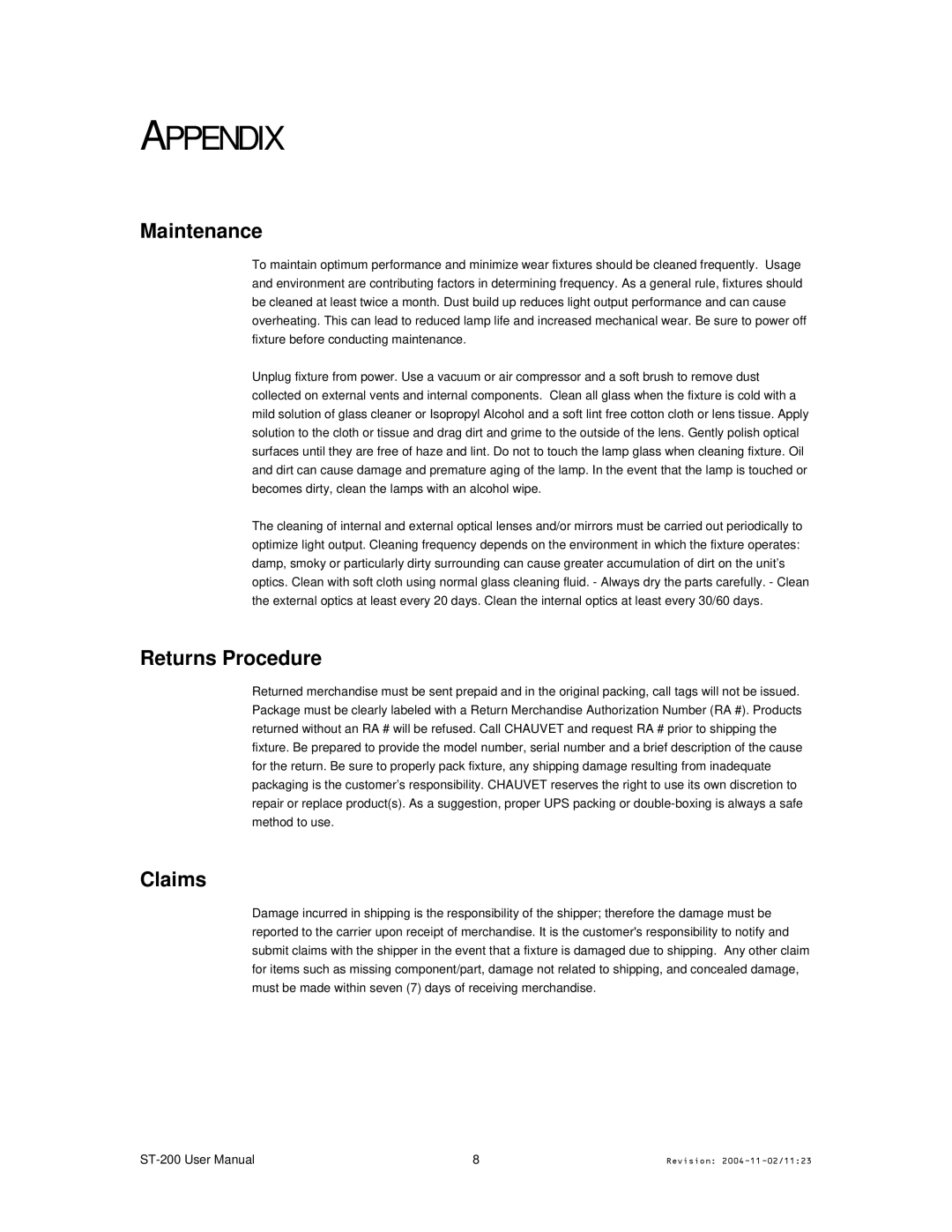 Chauvet Model ST-200 user manual Appendix, Maintenance, Returns Procedure, Claims 