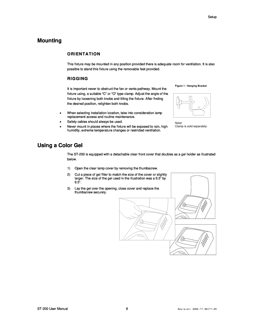 Chauvet Model ST-200 user manual Mounting, Using a Color Gel, Orientation, Rigging 
