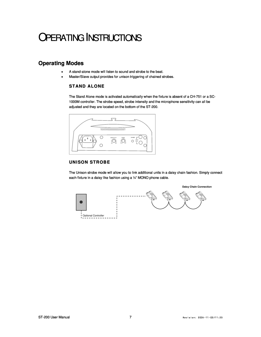 Chauvet Model ST-200 user manual Operating Instructions, Operating Modes, Stand Alone, Unison Strobe 