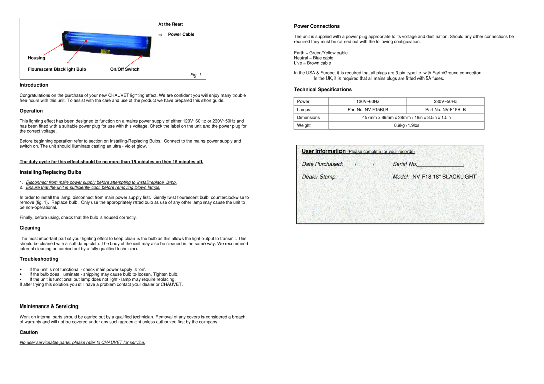 Chauvet NV-F18 Introduction, Operation, Installing/Replacing Bulbs, Cleaning, Troubleshooting, Maintenance & Servicing 