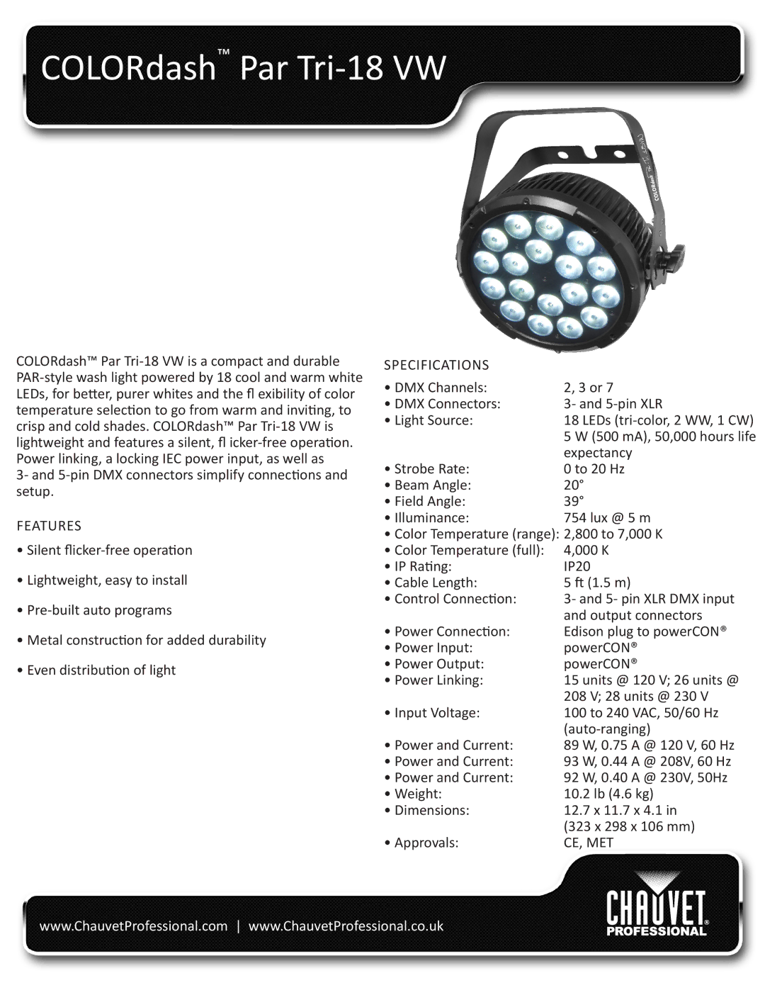 Chauvet PAR TRI-18VW dimensions COLORdash Par Tri-18 VW, Features, Specifications, Ce, Met 