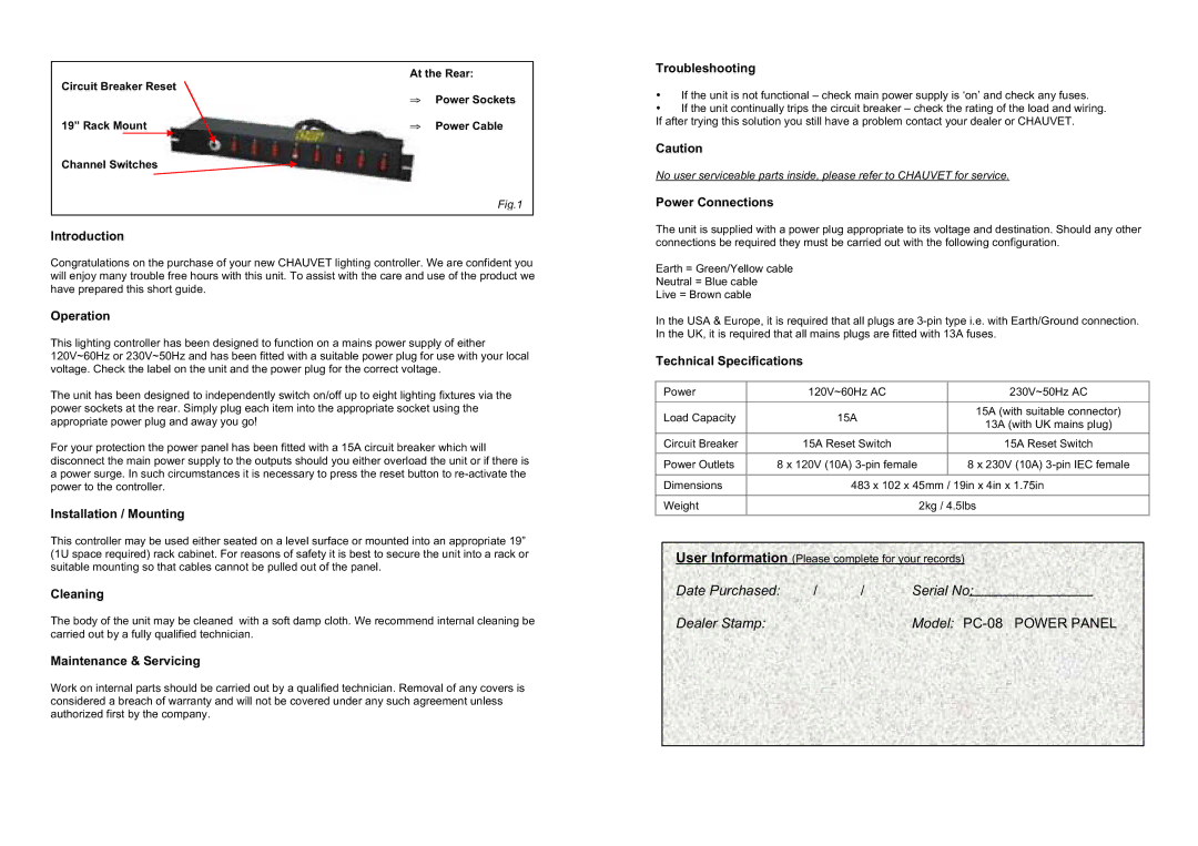 Chauvet PC-08 manual Introduction, Operation, Installation / Mounting, Cleaning, Maintenance & Servicing, Troubleshooting 