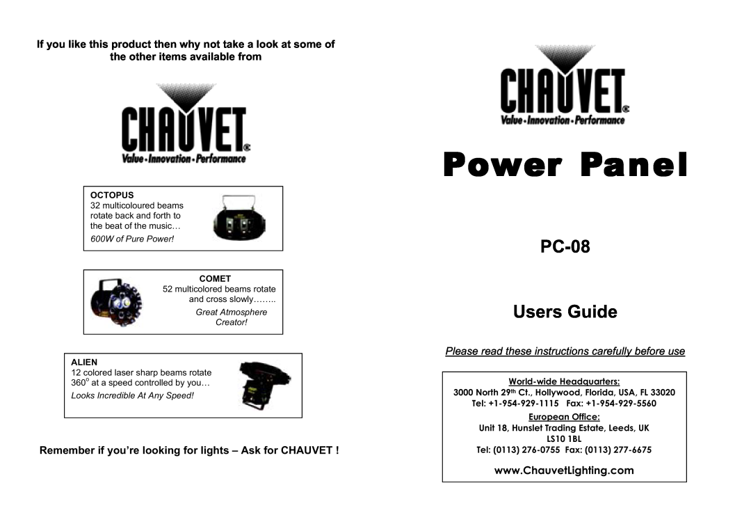 Chauvet manual Power Panel, PC-08 Users Guide 