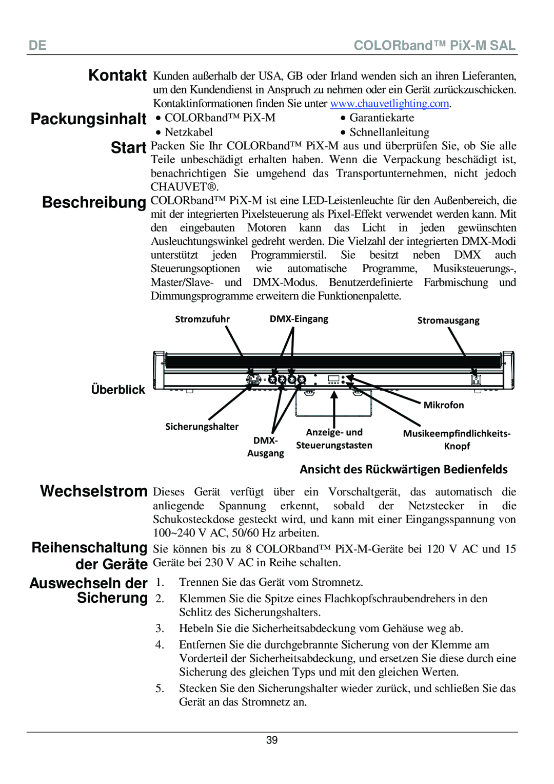 Chauvet PiX-M QRG manual Packungsinhalt, Start, Wechselstrom, Reihenschaltung Der Geräte 