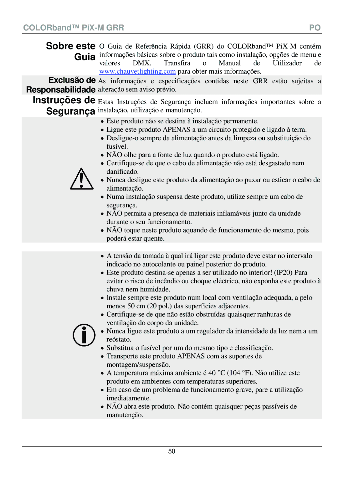 Chauvet PiX-M QRG manual Sobre este Guia, Instruções de Segurança 