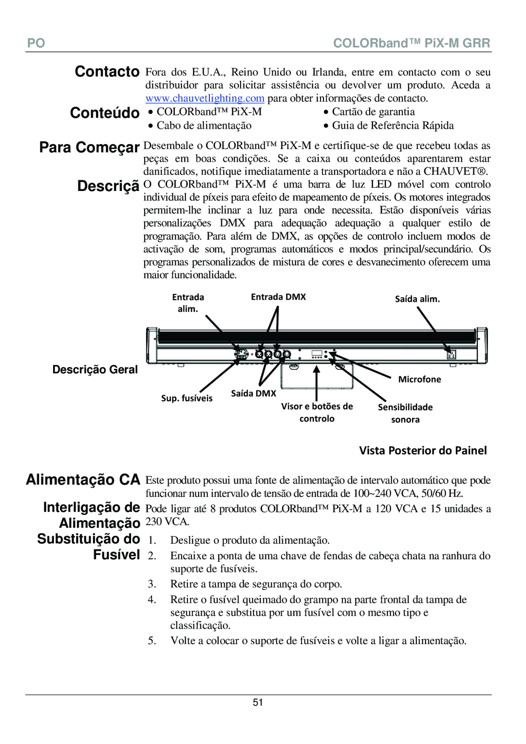 Chauvet PiX-M QRG manual Contacto Conteúdo, Alimentação CA, Interligação de Alimentação Substituição do Fusível 