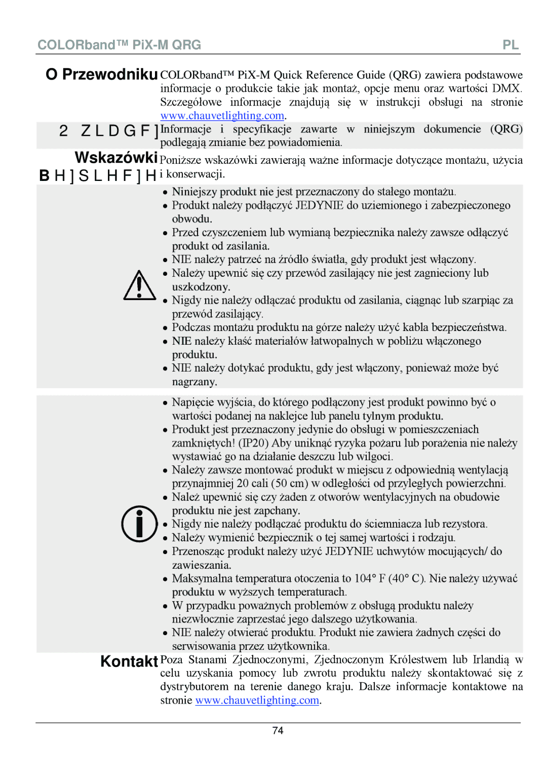 Chauvet PiX-M QRG manual Bezpieczeństwai konserwacji 