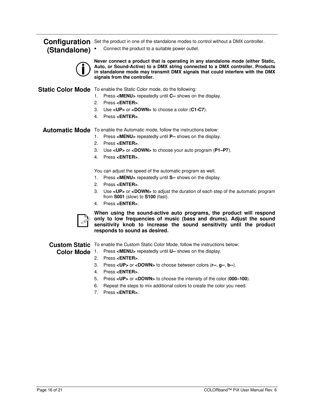 Chauvet Pix user manual Configuration Standalone, Static Color Mode Automatic Mode Custom Static Color Mode 