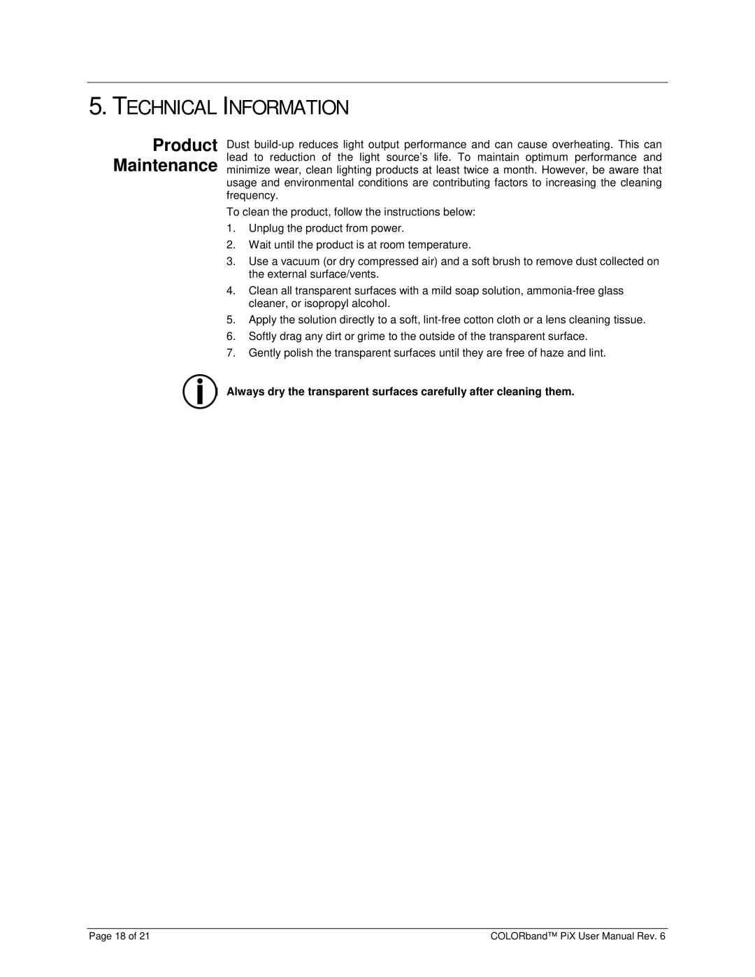 Chauvet Pix user manual Technical Information, Product Maintenance 