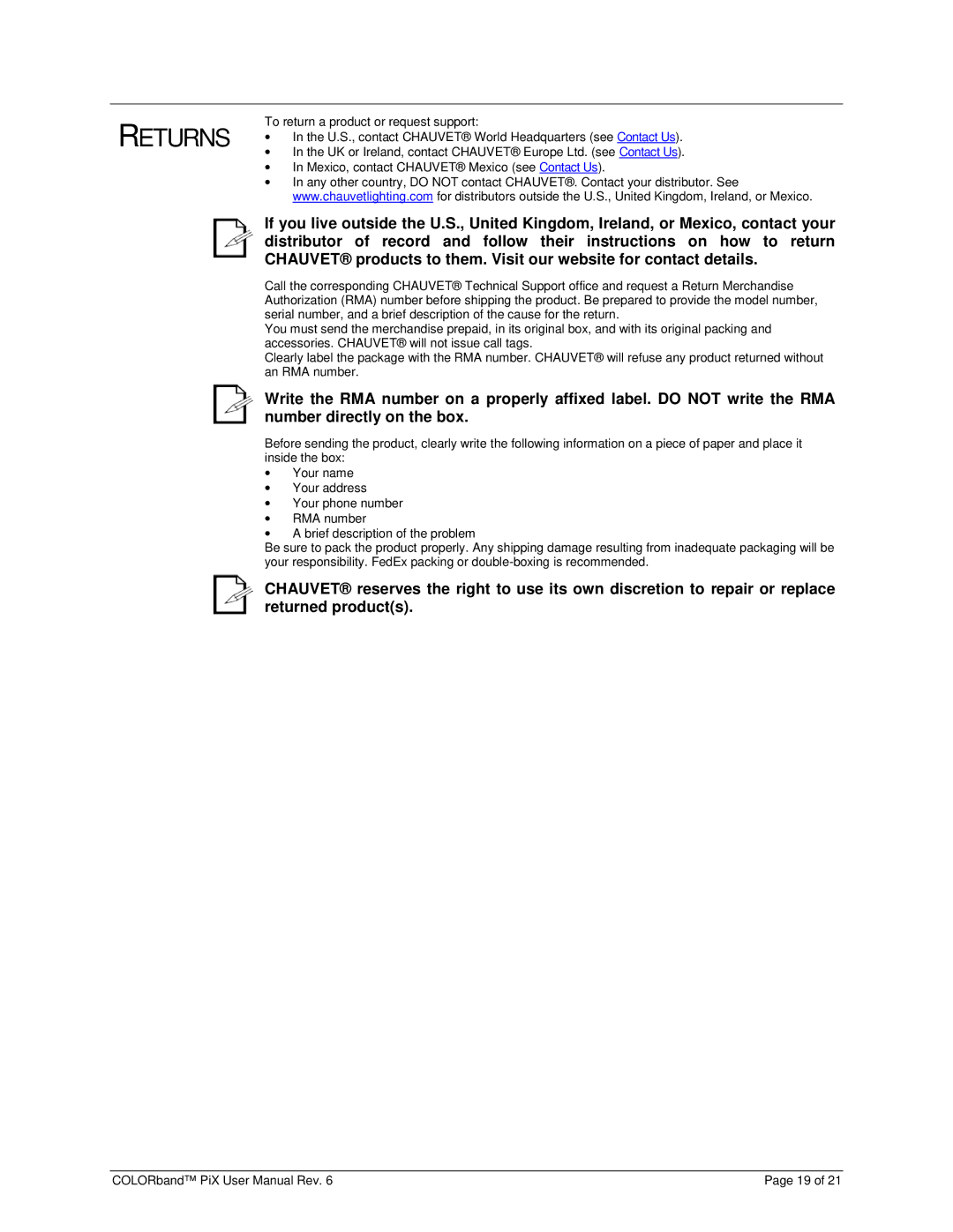 Chauvet Pix user manual Returns 