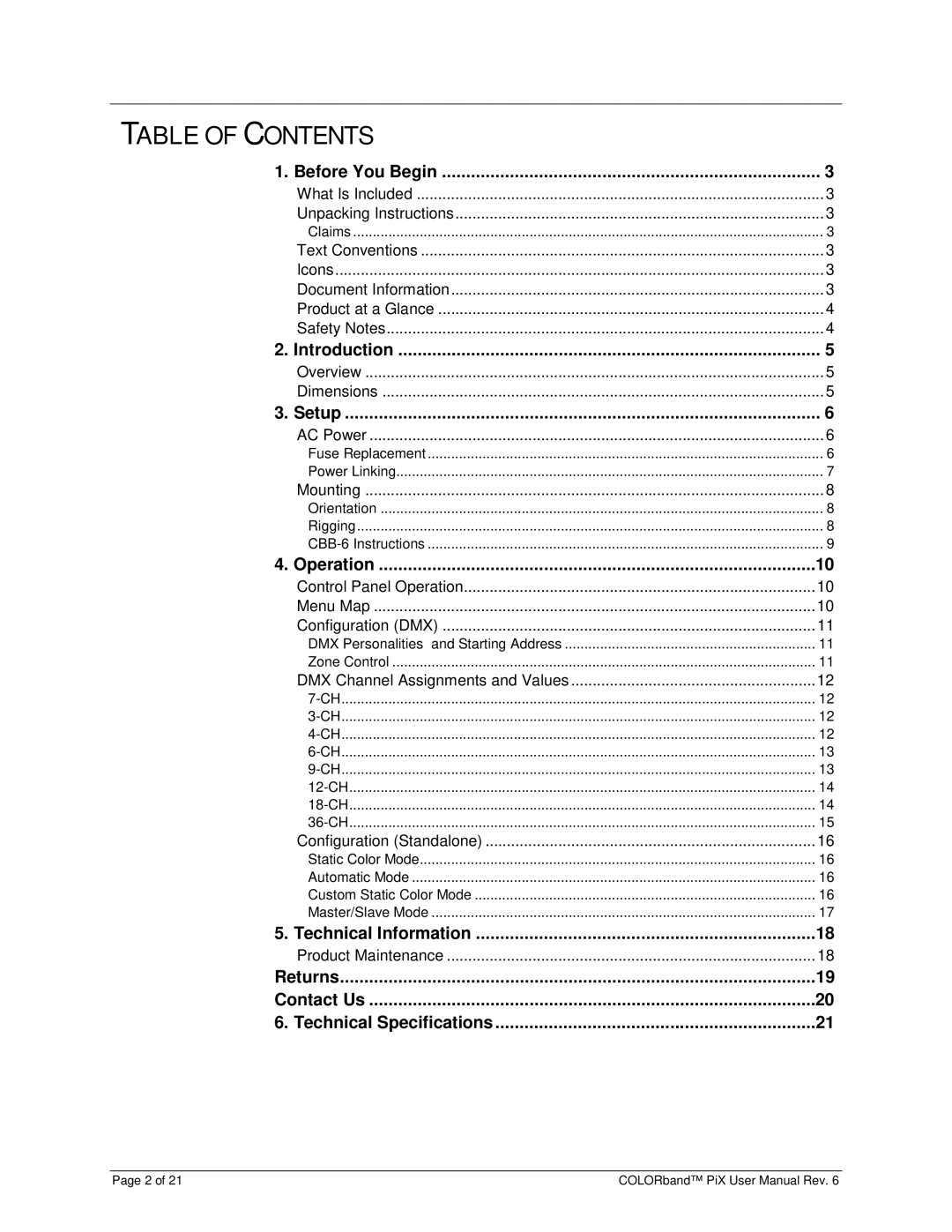 Chauvet Pix user manual Table of Contents 