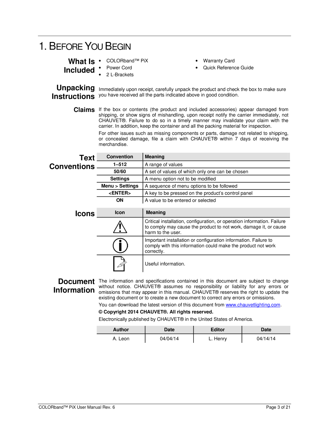 Chauvet Pix Before YOU Begin, What Is Included, Unpacking Instructions, Text Conventions, Icons Document Information 