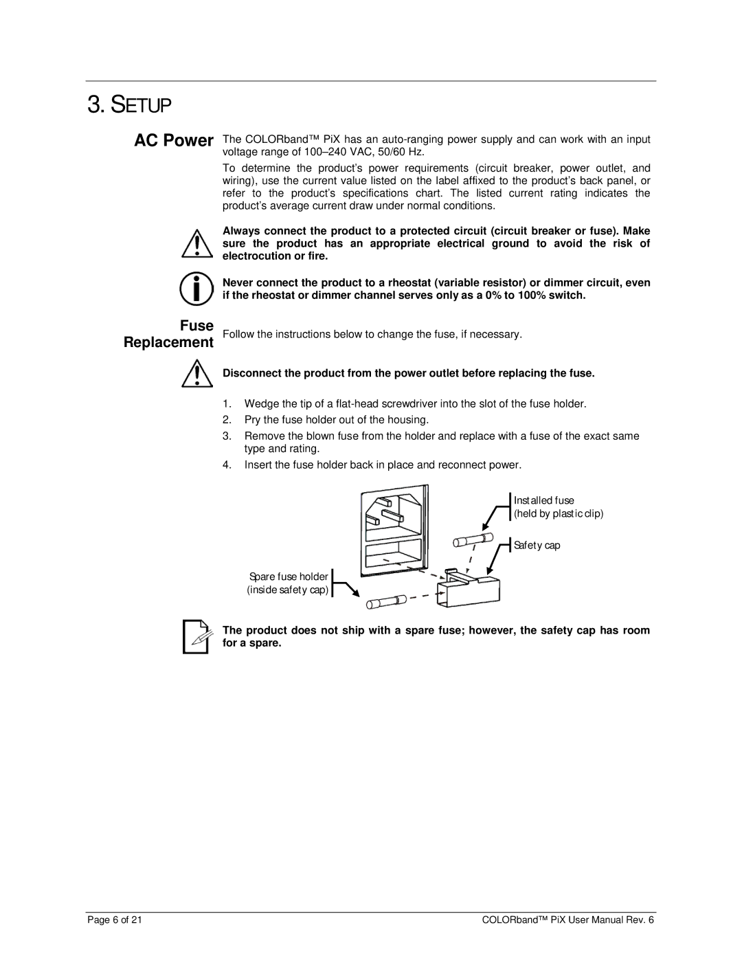 Chauvet Pix user manual Setup, AC Power, Fuse Replacement 