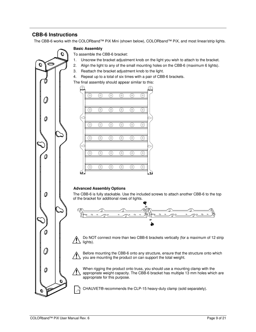 Chauvet Pix user manual CBB-6 Instructions, Basic Assembly, Advanced Assembly Options 