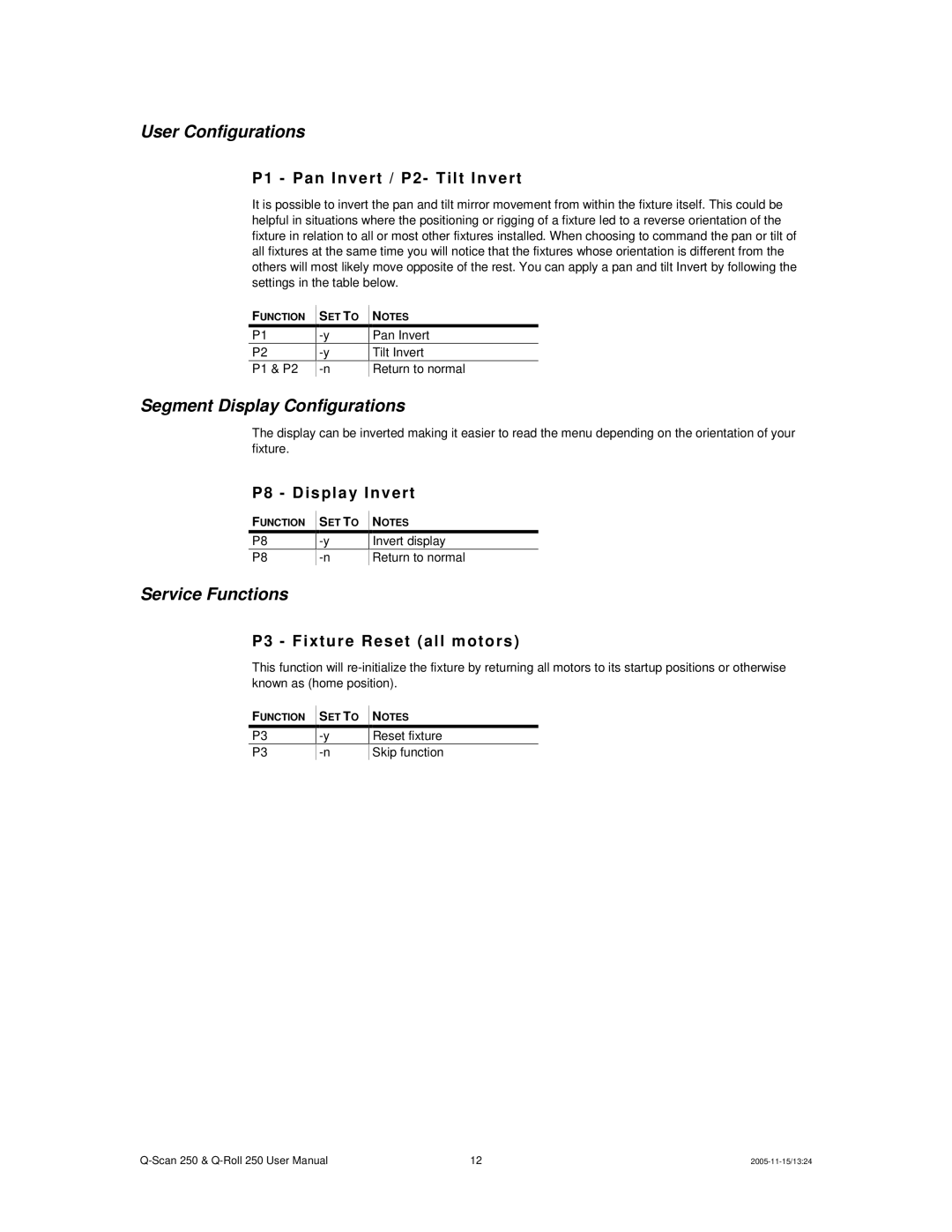 Chauvet Q-Scan 250 user manual P1 Pan I nvert / P2 T ilt I nvert, P8 D ispl ay I nvert, P3 Fi xtu re R eset al l m oto rs 