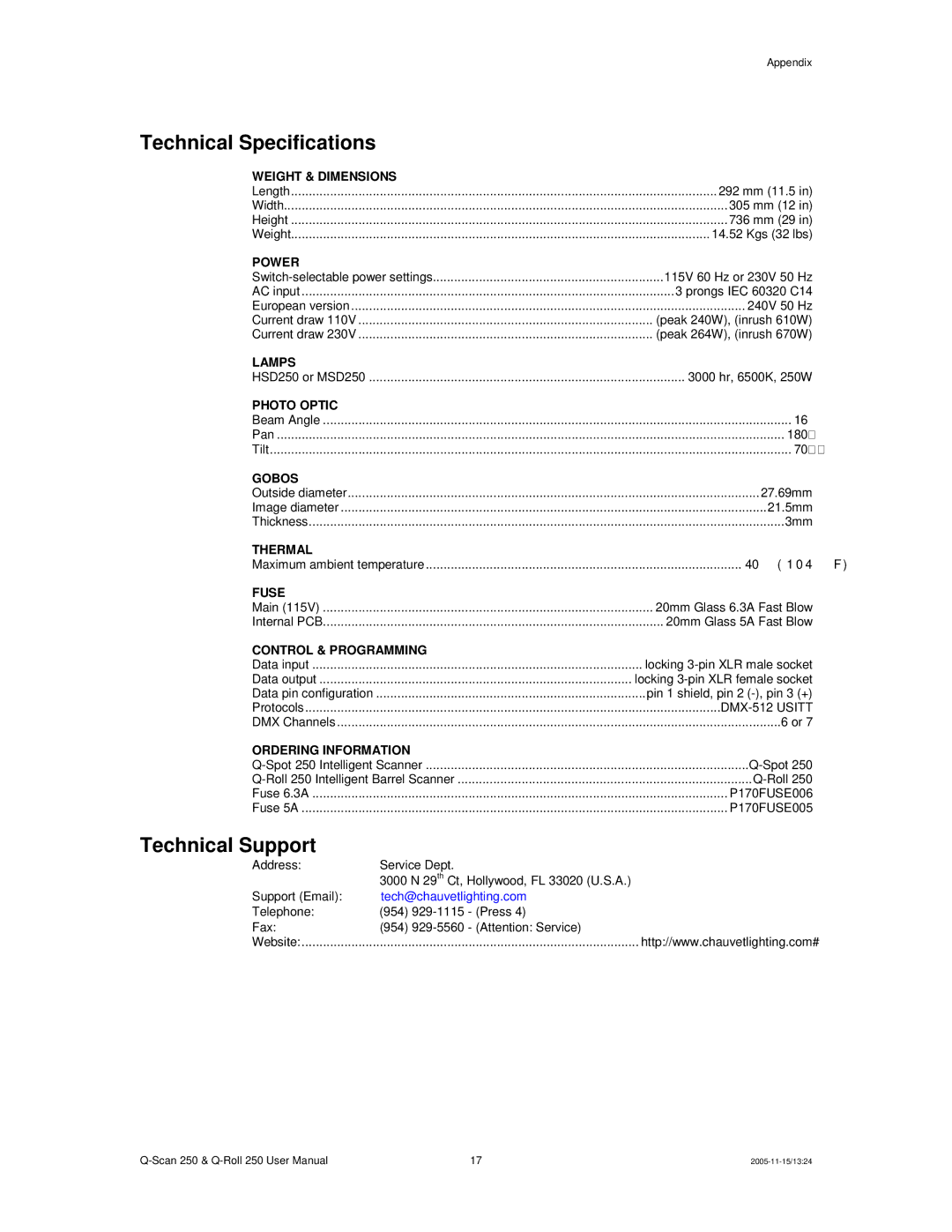 Chauvet Q-Scan 250 user manual Technical Specifications, Technical Support 