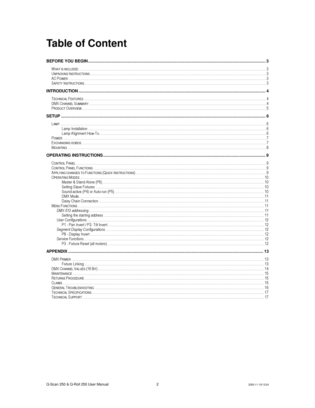 Chauvet Q-Scan 250 user manual Table of Content 