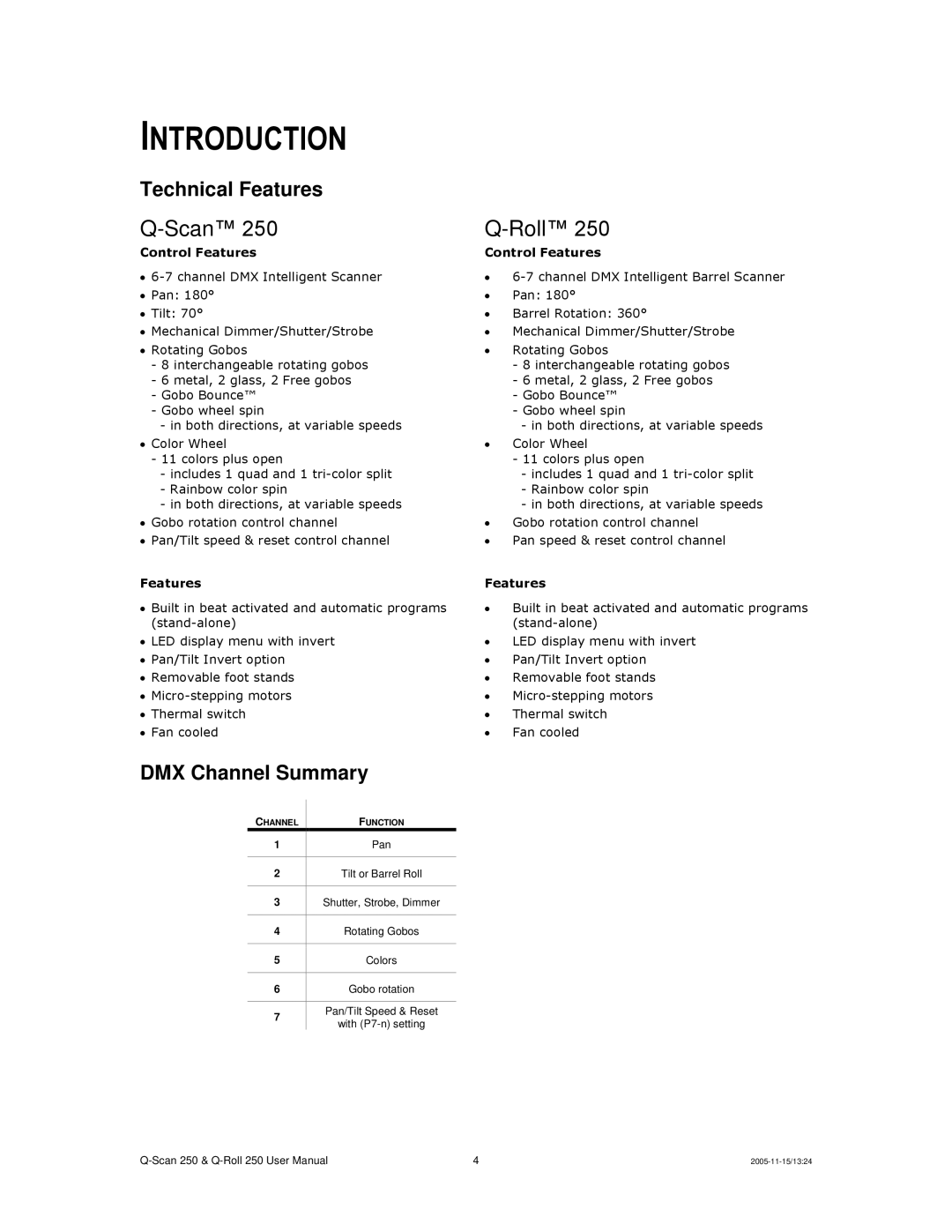 Chauvet Q-Scan 250 user manual Introduction, Technical Features, DMX Channel Summary 