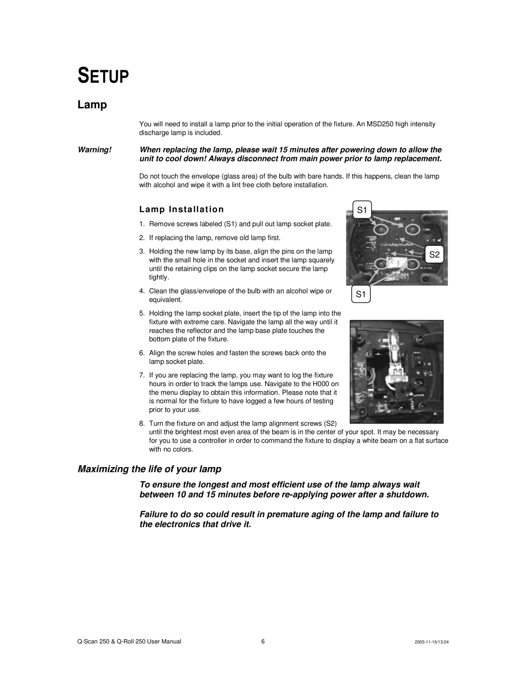 Chauvet Q-Scan 250 user manual Setup, Lamp, Lam p In stall at ion 