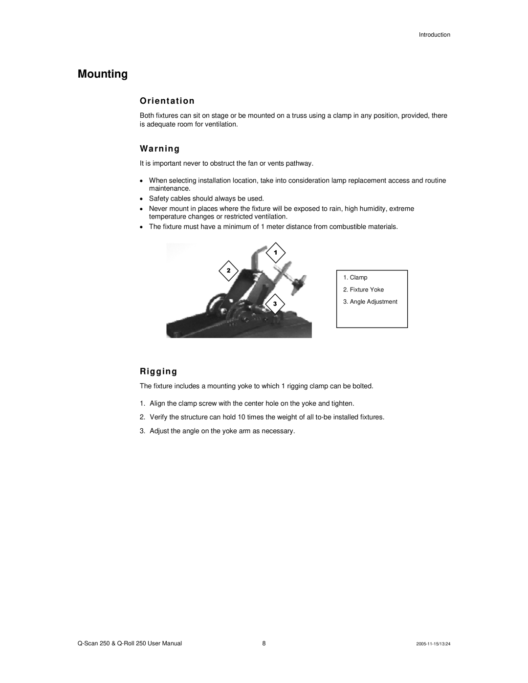 Chauvet Q-Scan 250 user manual Mounting, Ori ent at ion, Warnin g, Rigg ing 