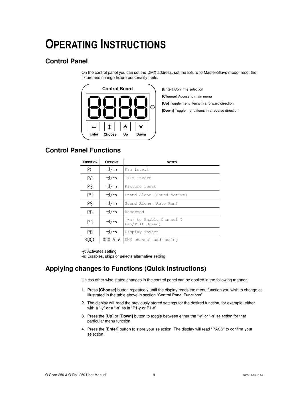 Chauvet Q-Scan 250 Operating Instructions, Control Panel Functions, Applying changes to Functions Quick Instructions 