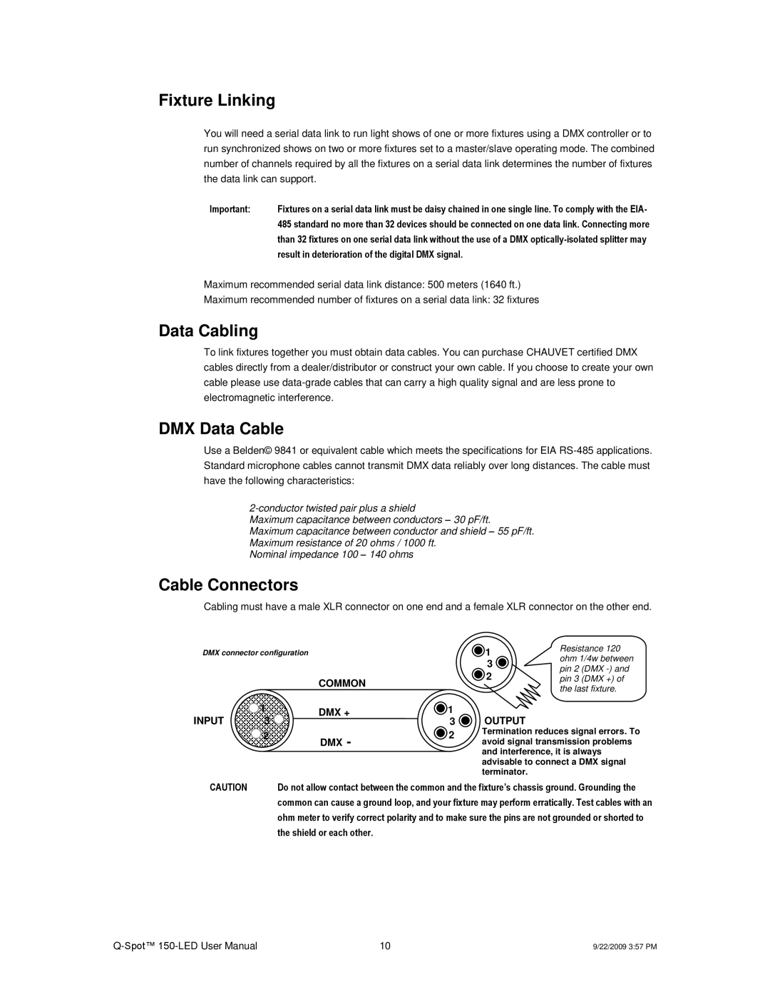 Chauvet QSPOT user manual Fixture Linking, Data Cabling, DMX Data Cable, Cable Connectors 