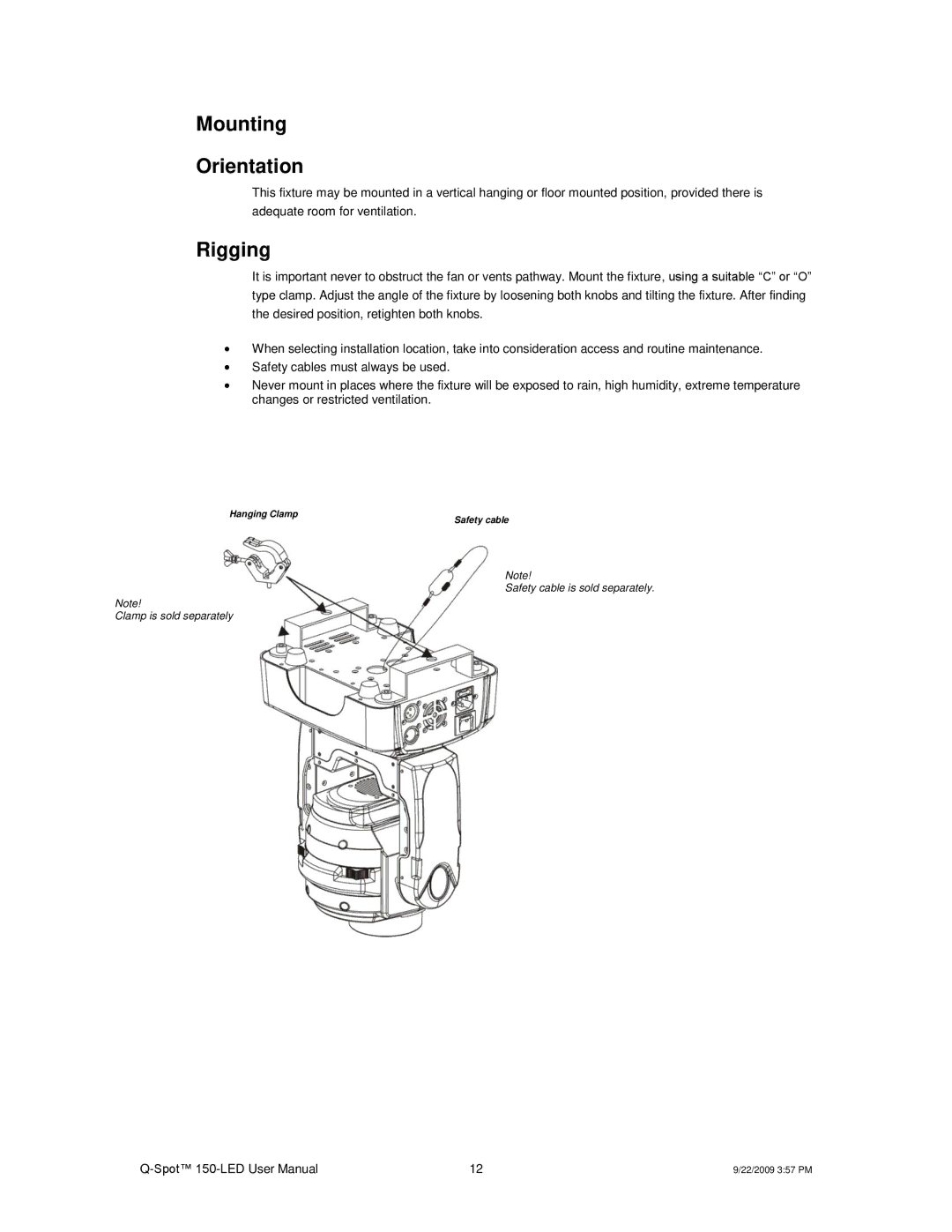 Chauvet QSPOT user manual Mounting Orientation, Rigging 