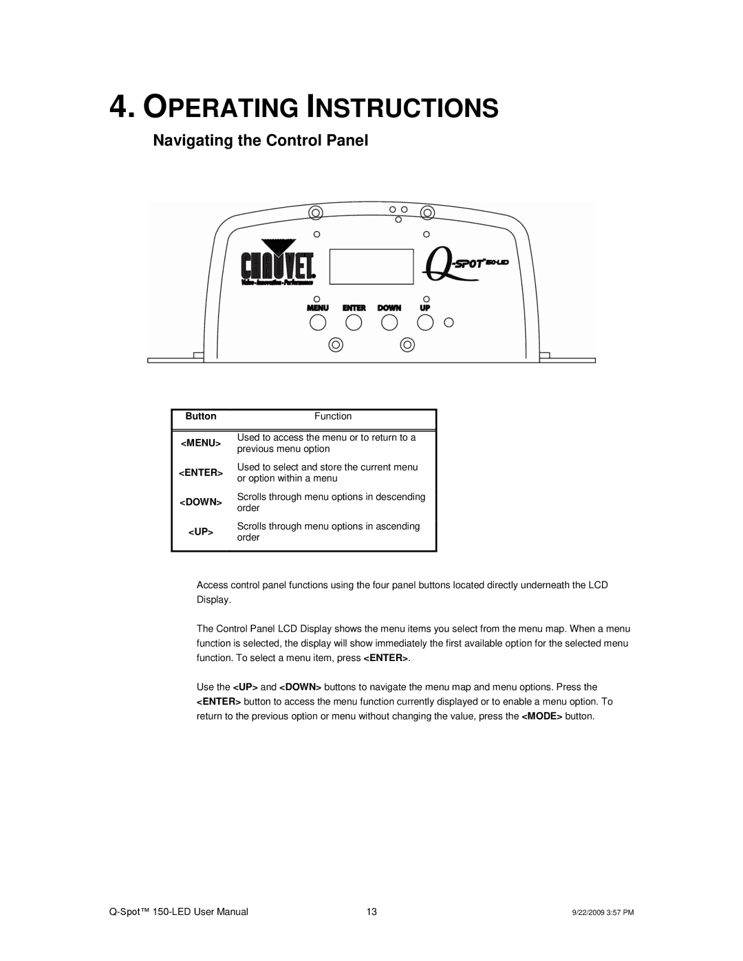 Chauvet QSPOT user manual Operating Instructions, Navigating the Control Panel 