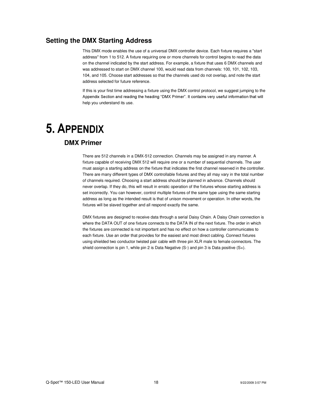 Chauvet QSPOT user manual Appendix, Setting the DMX Starting Address, DMX Primer 