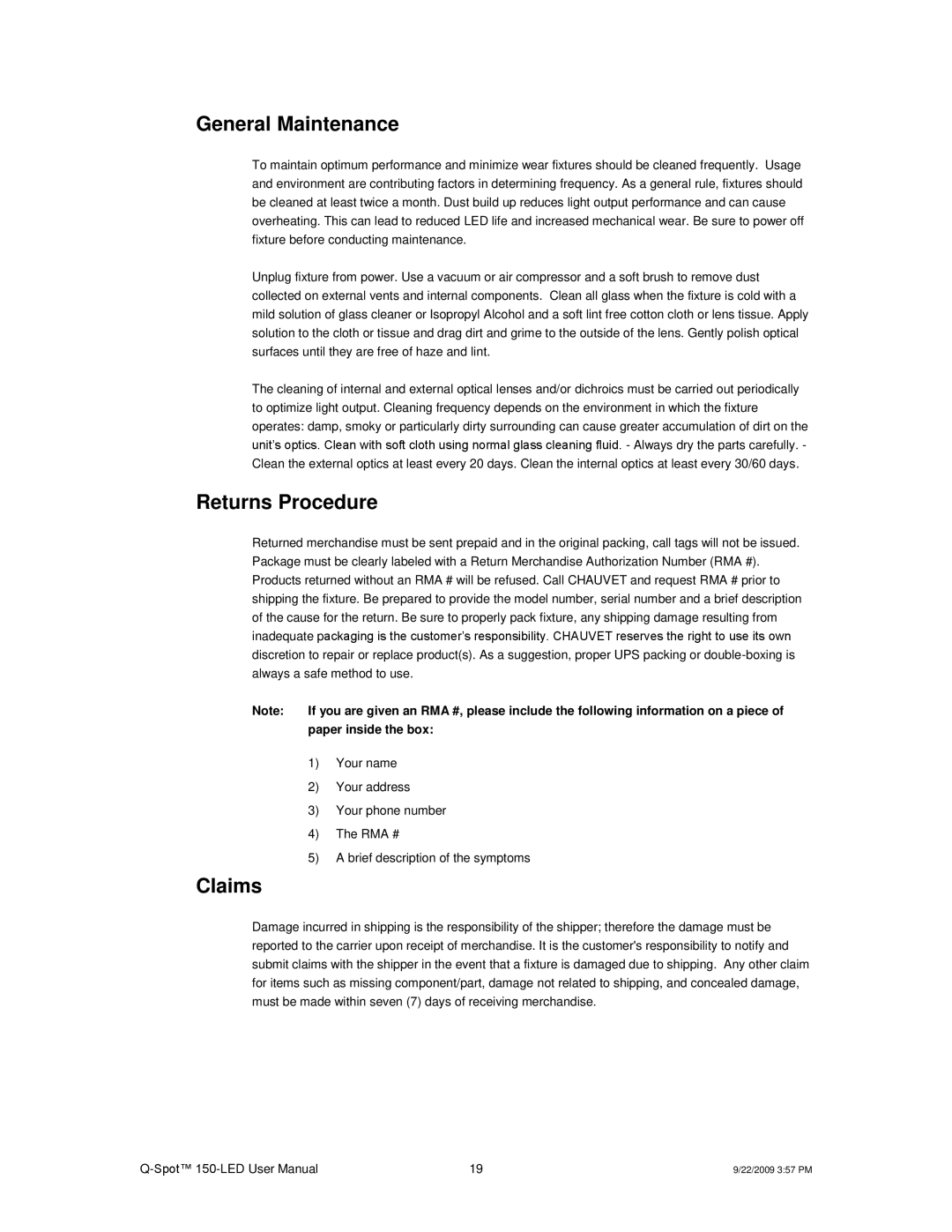 Chauvet QSPOT user manual General Maintenance, Returns Procedure, Claims 