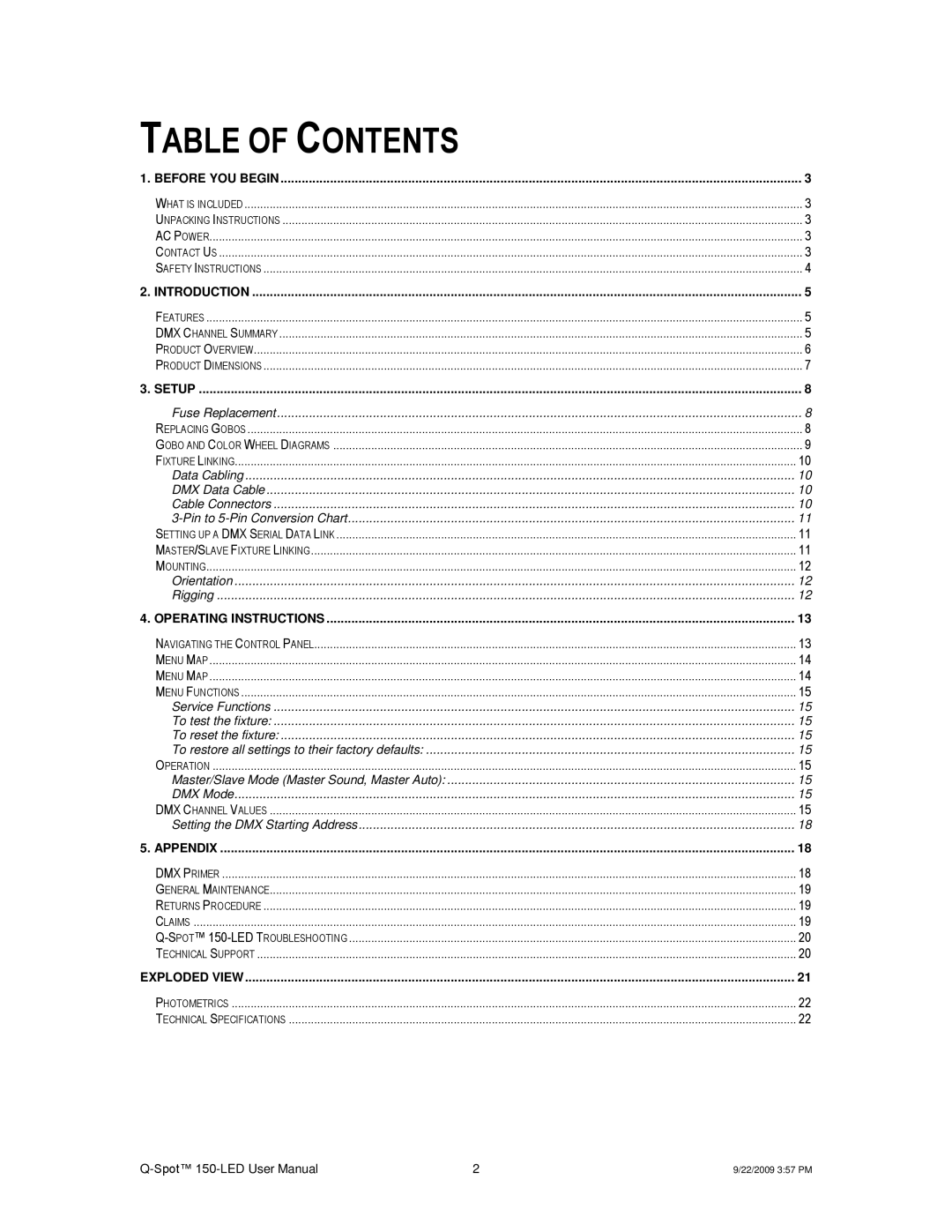 Chauvet QSPOT user manual Table of Contents 