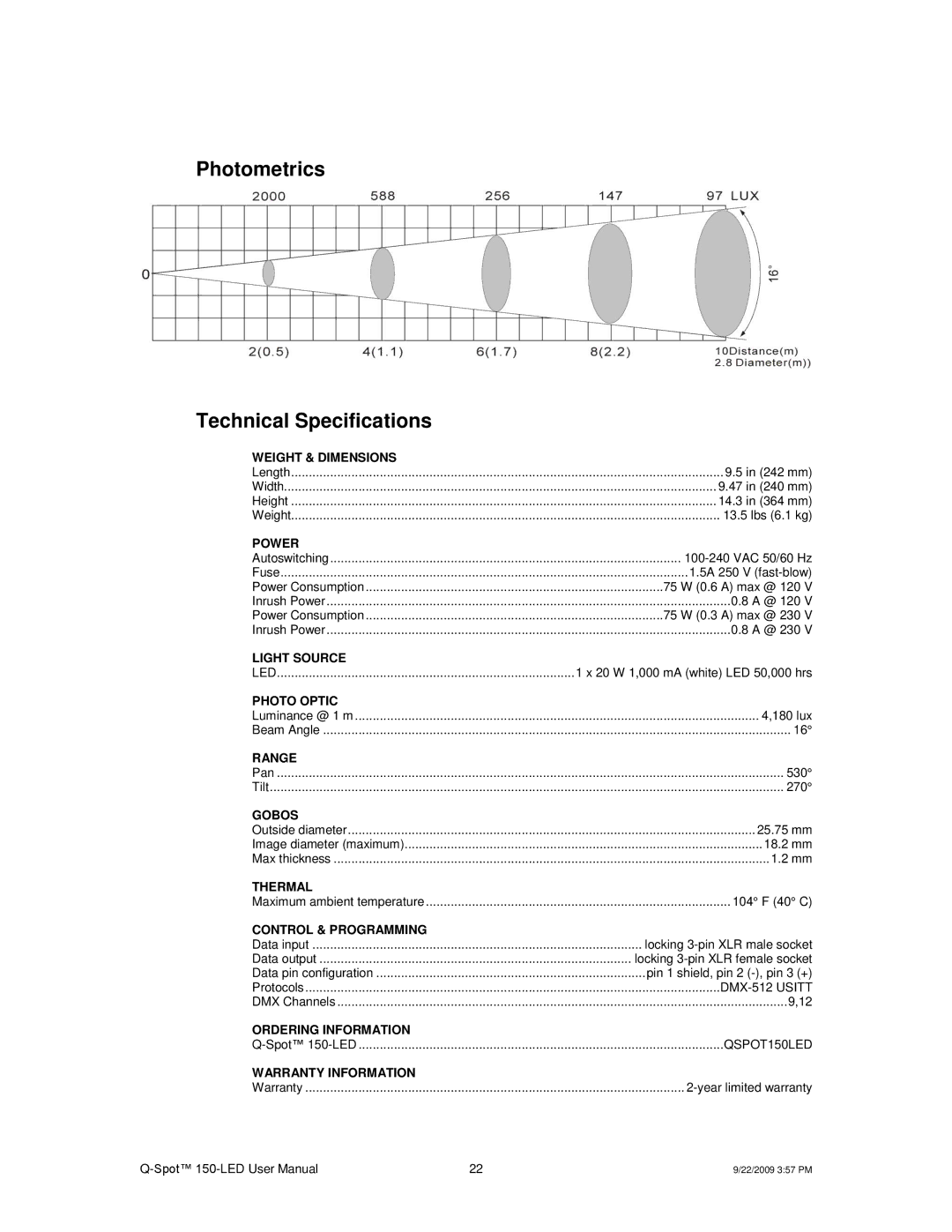 Chauvet QSPOT user manual Photometrics Technical Specifications, Power 