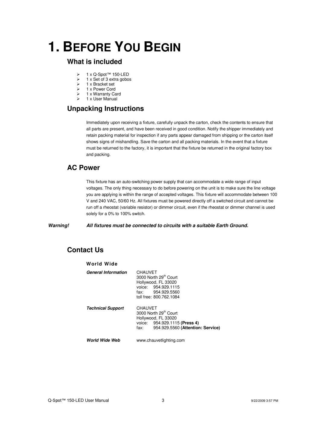 Chauvet QSPOT user manual Before YOU Begin, What is included, Unpacking Instructions, AC Power, Contact Us 