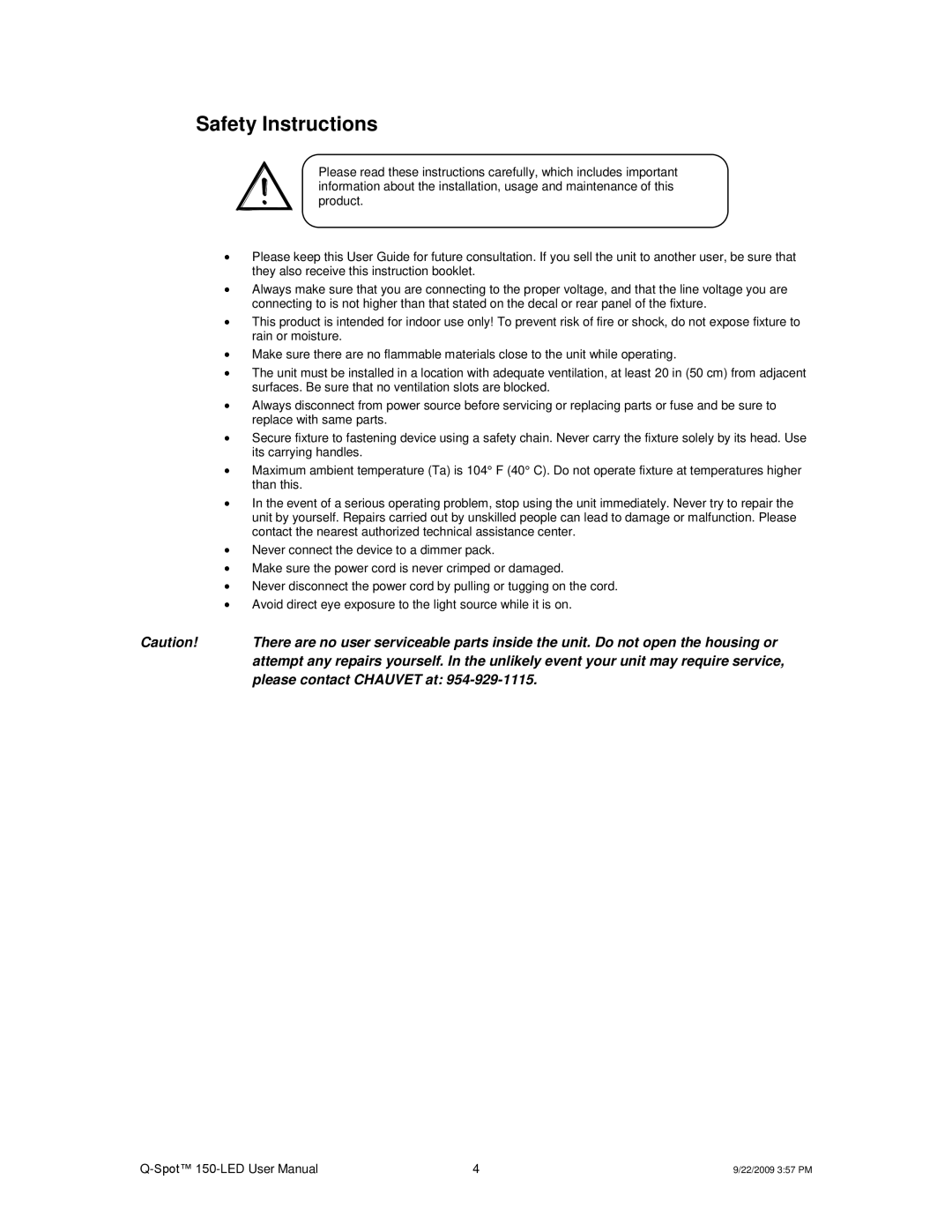 Chauvet QSPOT user manual Safety Instructions, Replace with same parts 