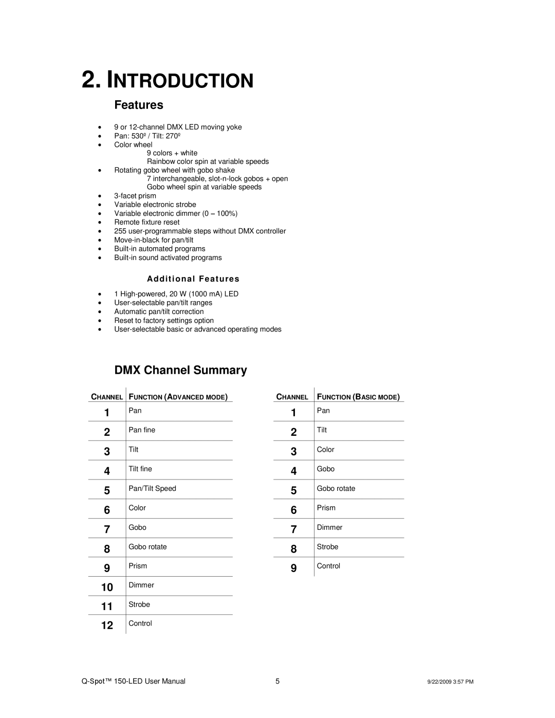 Chauvet QSPOT user manual Introduction, Features, DMX Channel Summary 