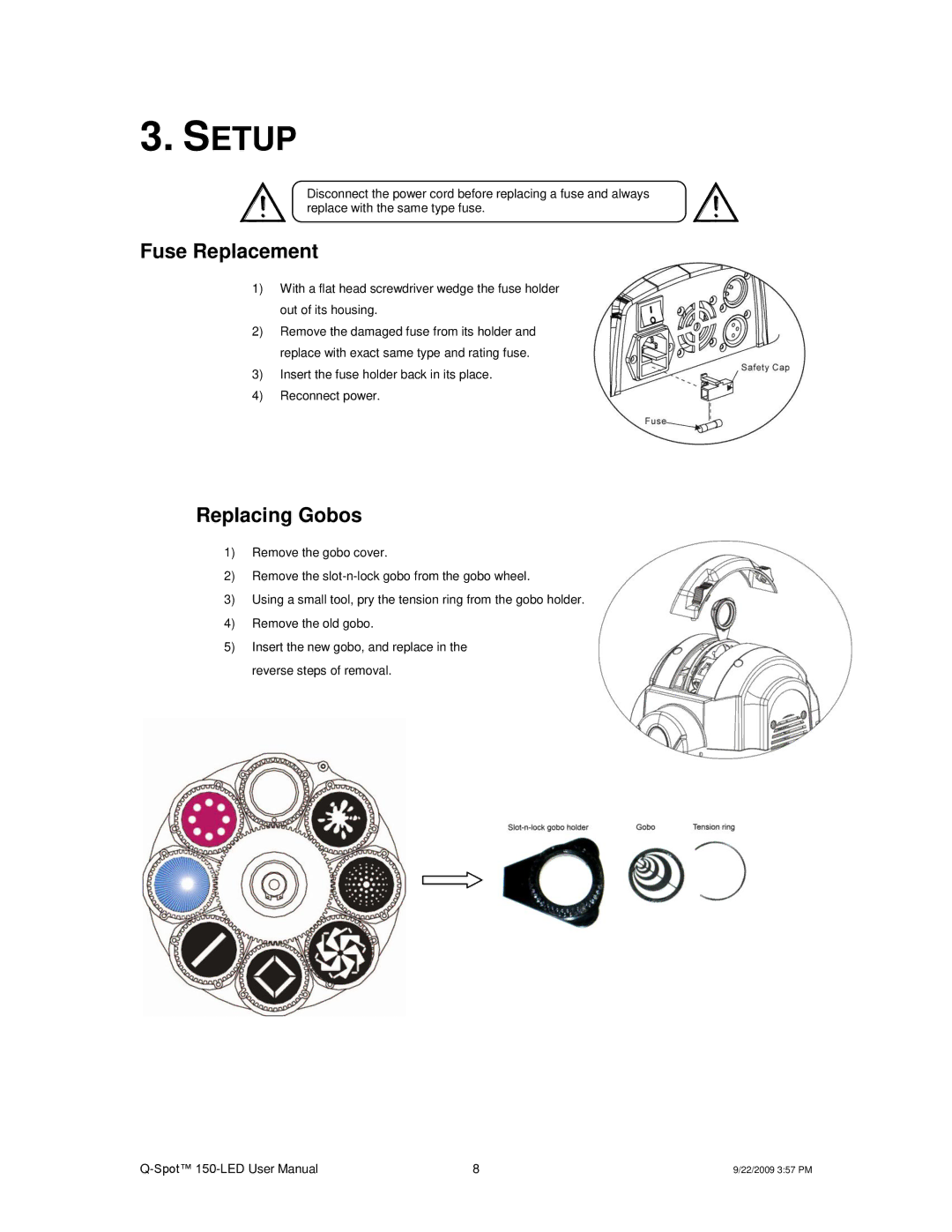 Chauvet QSPOT user manual Setup, Fuse Replacement, Replacing Gobos 